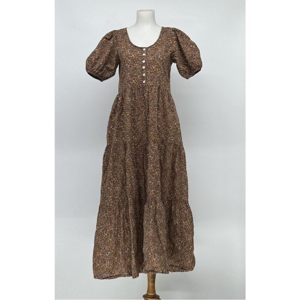 Oak Meadow Brown Floral Puff-Sleeve Midi/Maxi Dress
